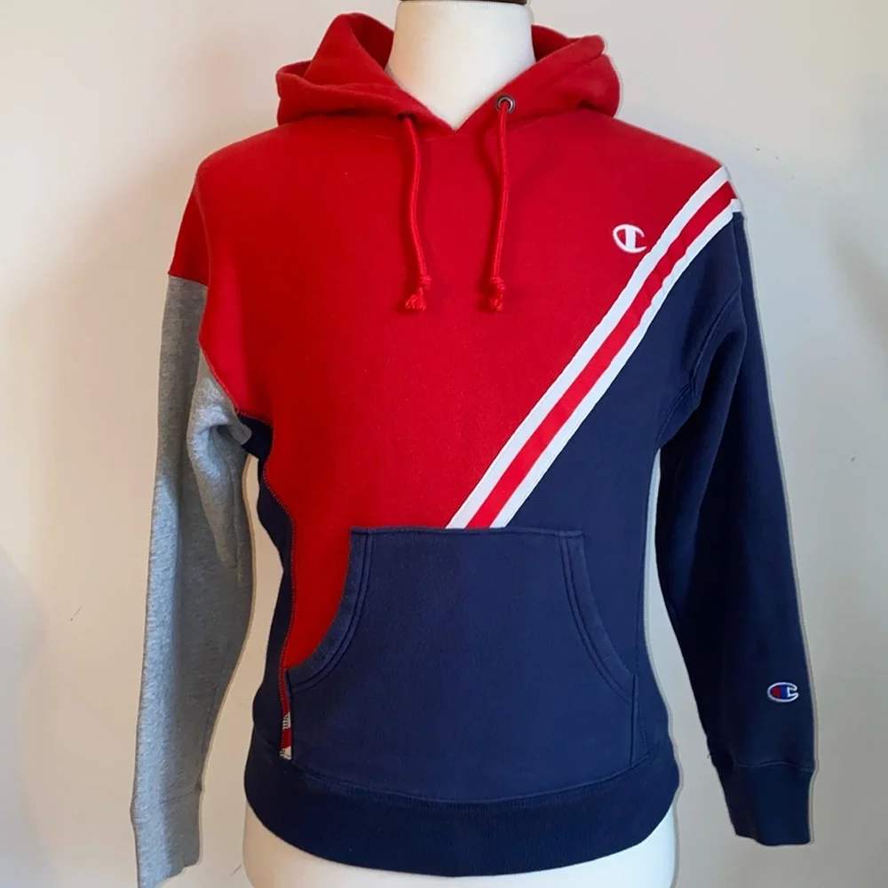 Vintage 90’s Champion Red White & Blue Reverse Weave Hoodie Size Small